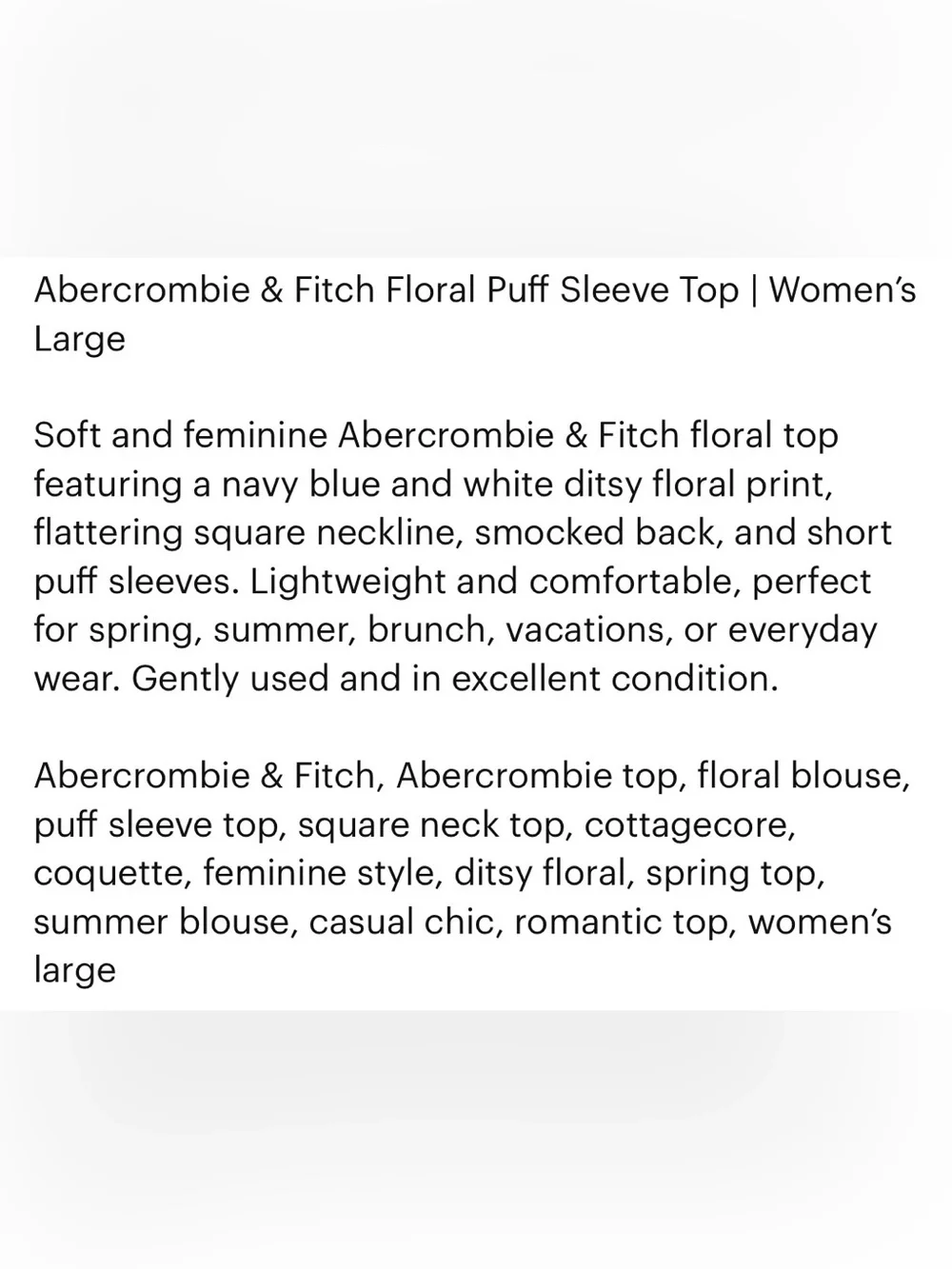 NWOT Abercrombie & Fitch Navy and White Floral Puff-Sleeve Square Neck Top